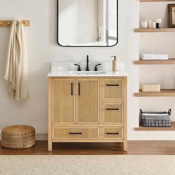 Bathroom Vanity: Offset Drawers and Fluted Texture 36 Inch