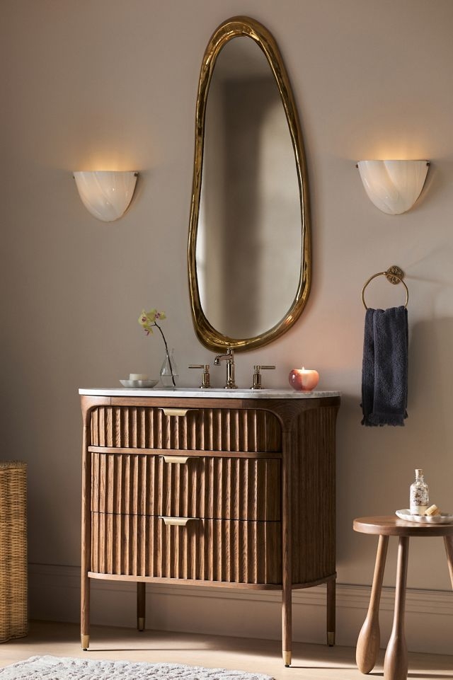 Bathroom Vanity: Organic Gold Mirror with Fluted Wood Front