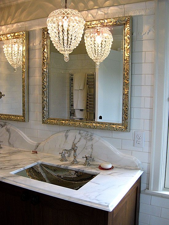 Bathroom Vanity Pendants and Scalloped Marble Backsplash
