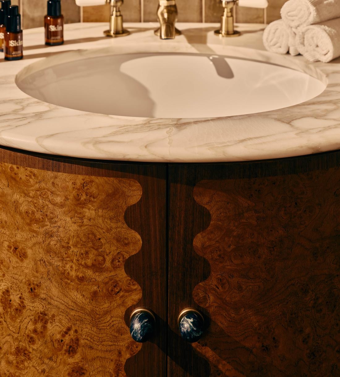 Bathroom Vanity Scalloped Burl Wood Calacatta Marble