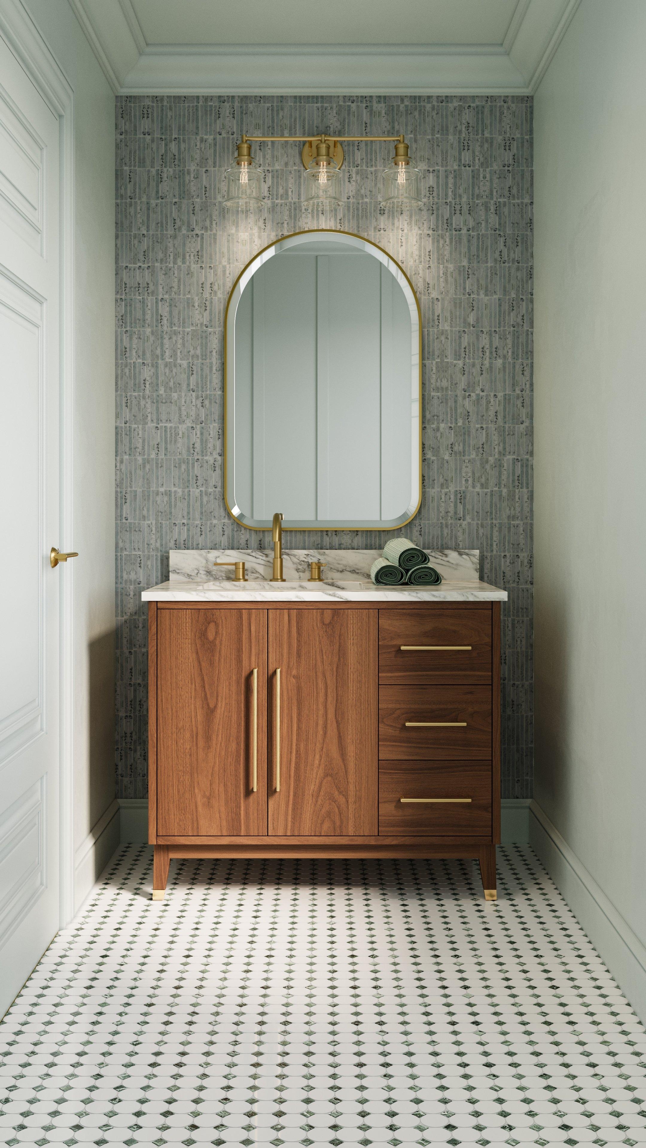 Bathroom Vanity Walnut Arched Gold Mirror Cabinet Set
