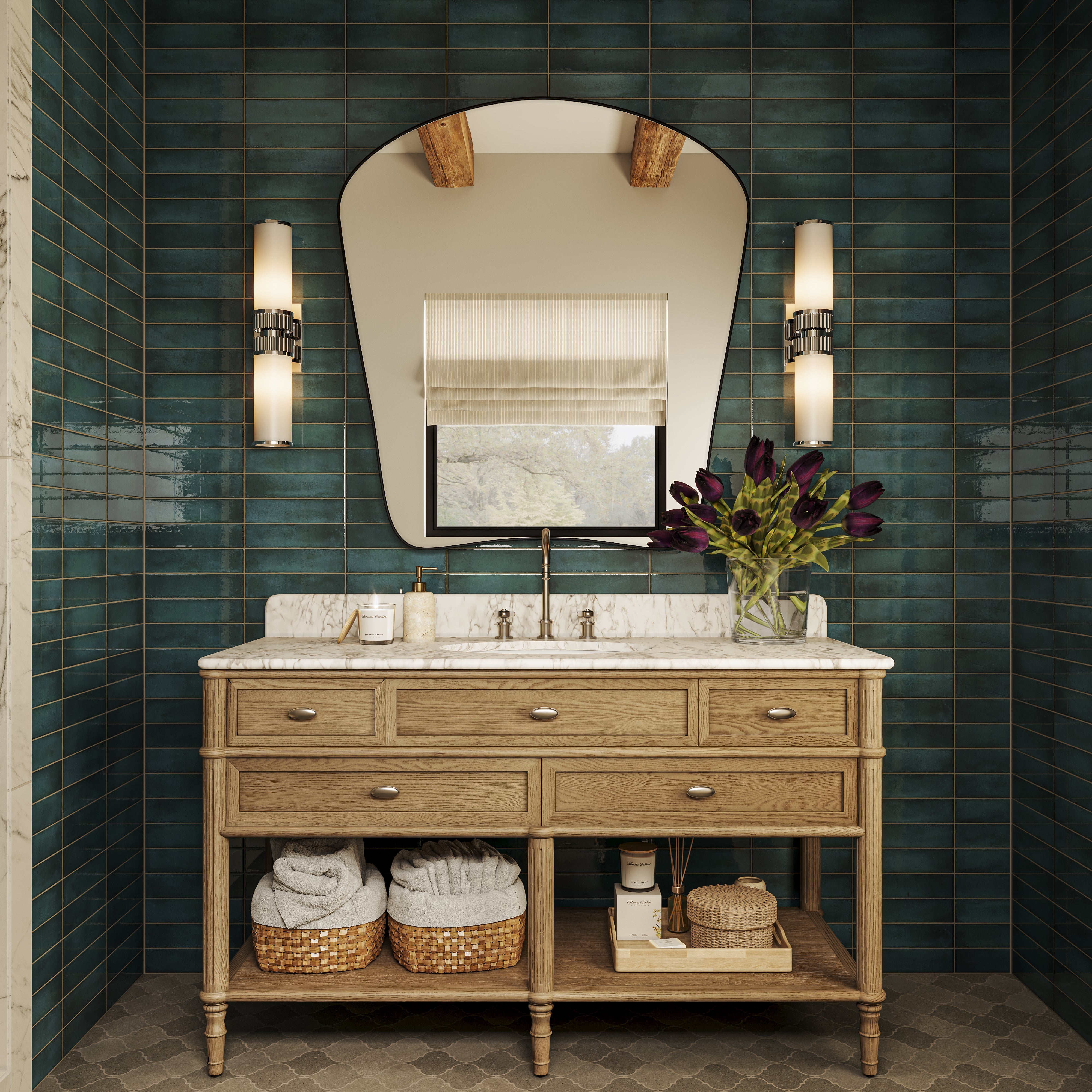 Bathroom Vanity Washed Blonde Organic Shaped Mirror