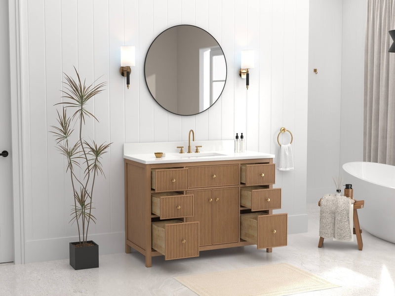 Bathroom Vanity: White Quartz Top with Fluted Natural Oak