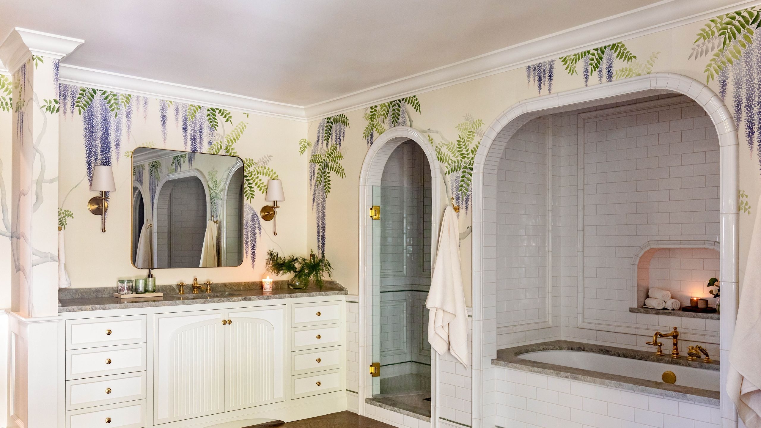 Bathroom Vanity: Wisteria Pattern Floral Bathroom Wallpaper