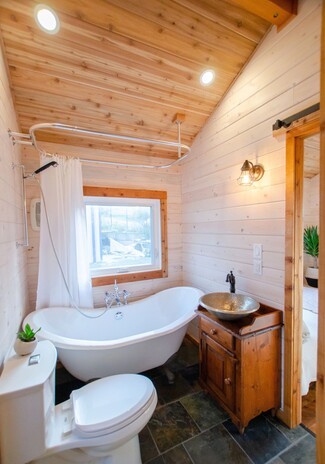 Bathroom: Whitewashed Shiplap Tiny House Bathroom Layout