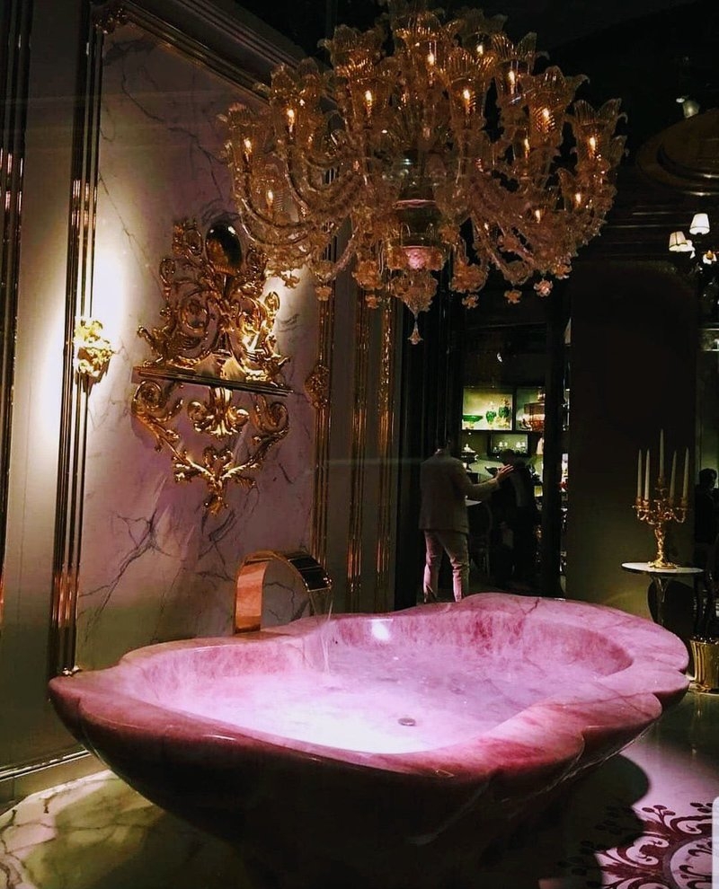 Bathtub Pink Crystal Scalloped Rim Ornate Gold Decor