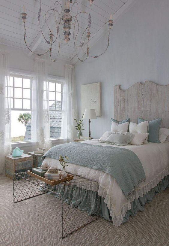 Bed featuring Ruffled Bedskirt and Weathered Wood Headboard