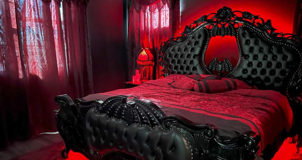 Bed Frame Bat Motifs Red LED Lighting Goth Vampire