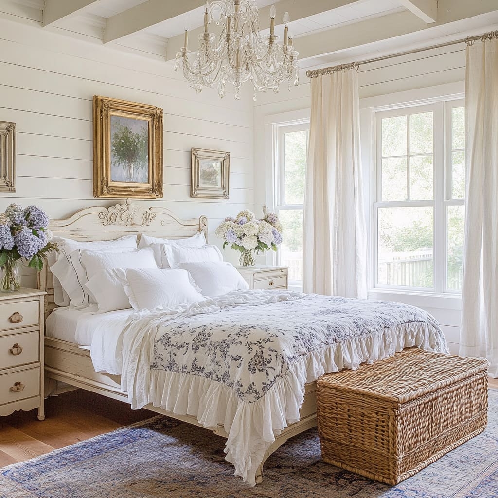 Bed Frame: Carved Headboard and Ruffled Floral Bedding Set