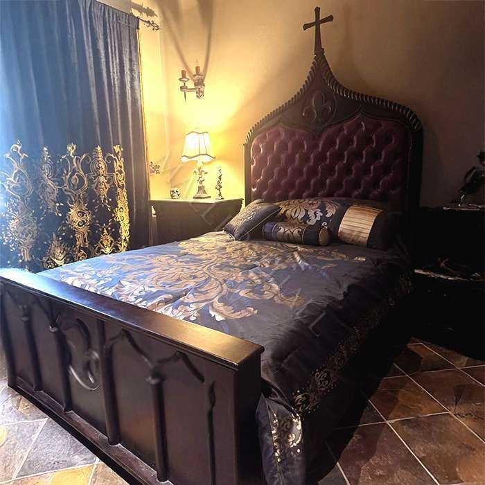 Bed Frame Cross Finial Arched Headboard Plum Velvet