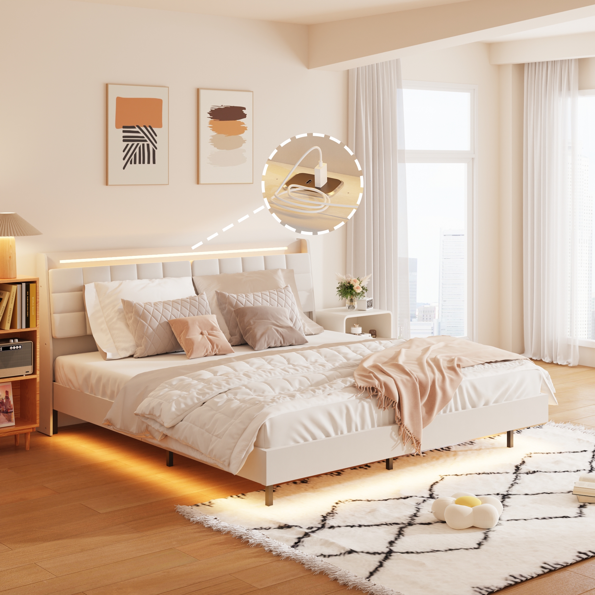 Bed Frame Floating Design Minimalist Bed Headboard Shelf