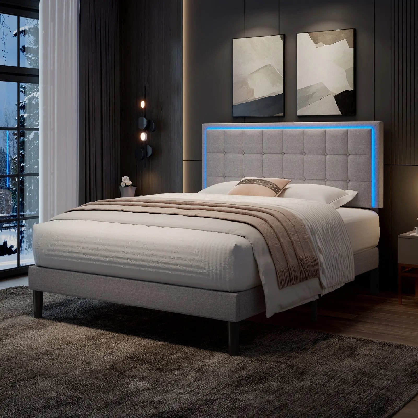 Bed Frame LED Headboard Contemporary Grid Tufted Bed