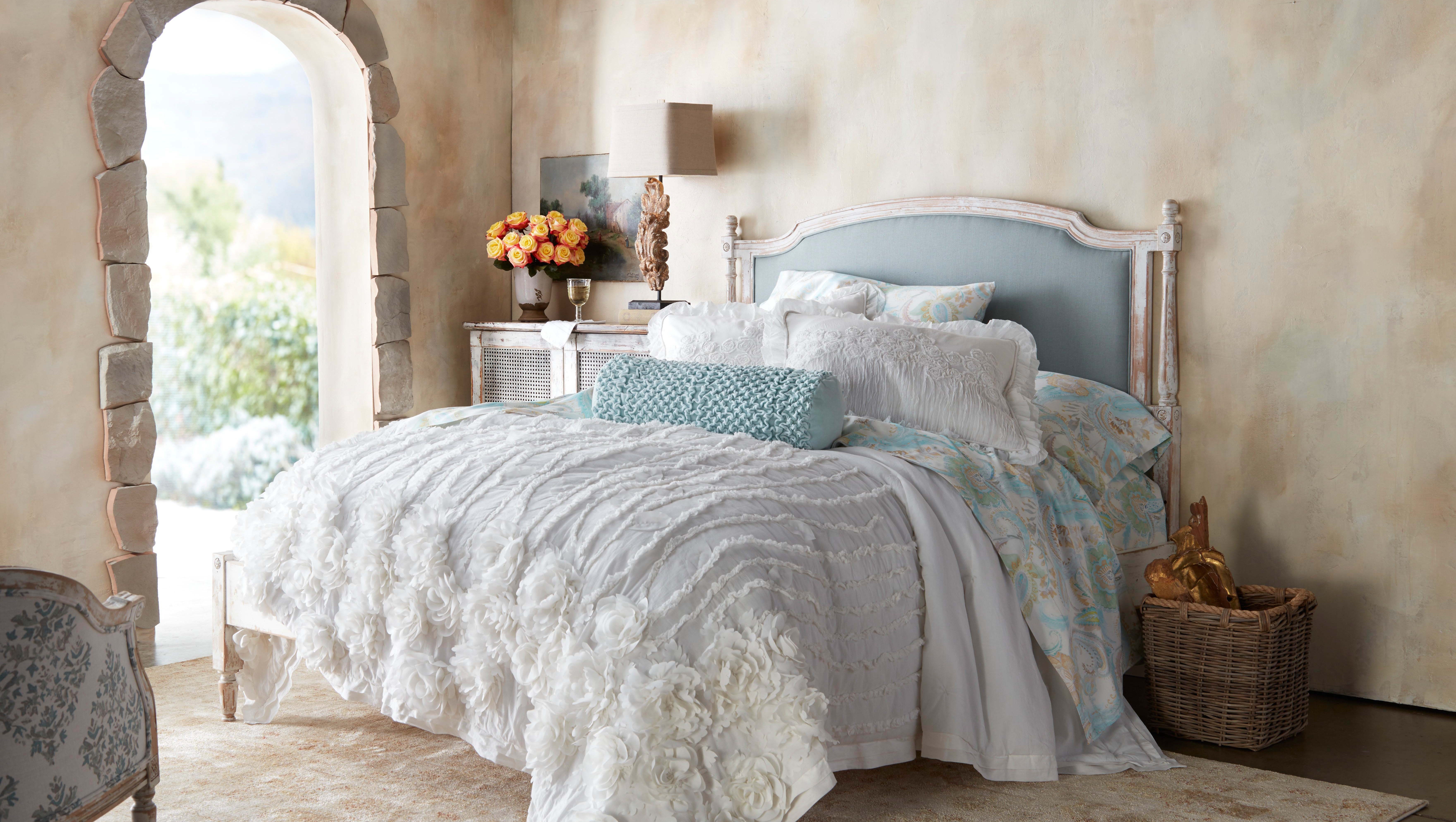 Bed Frame: Ruffled Floral Texture and Arched Headboard
