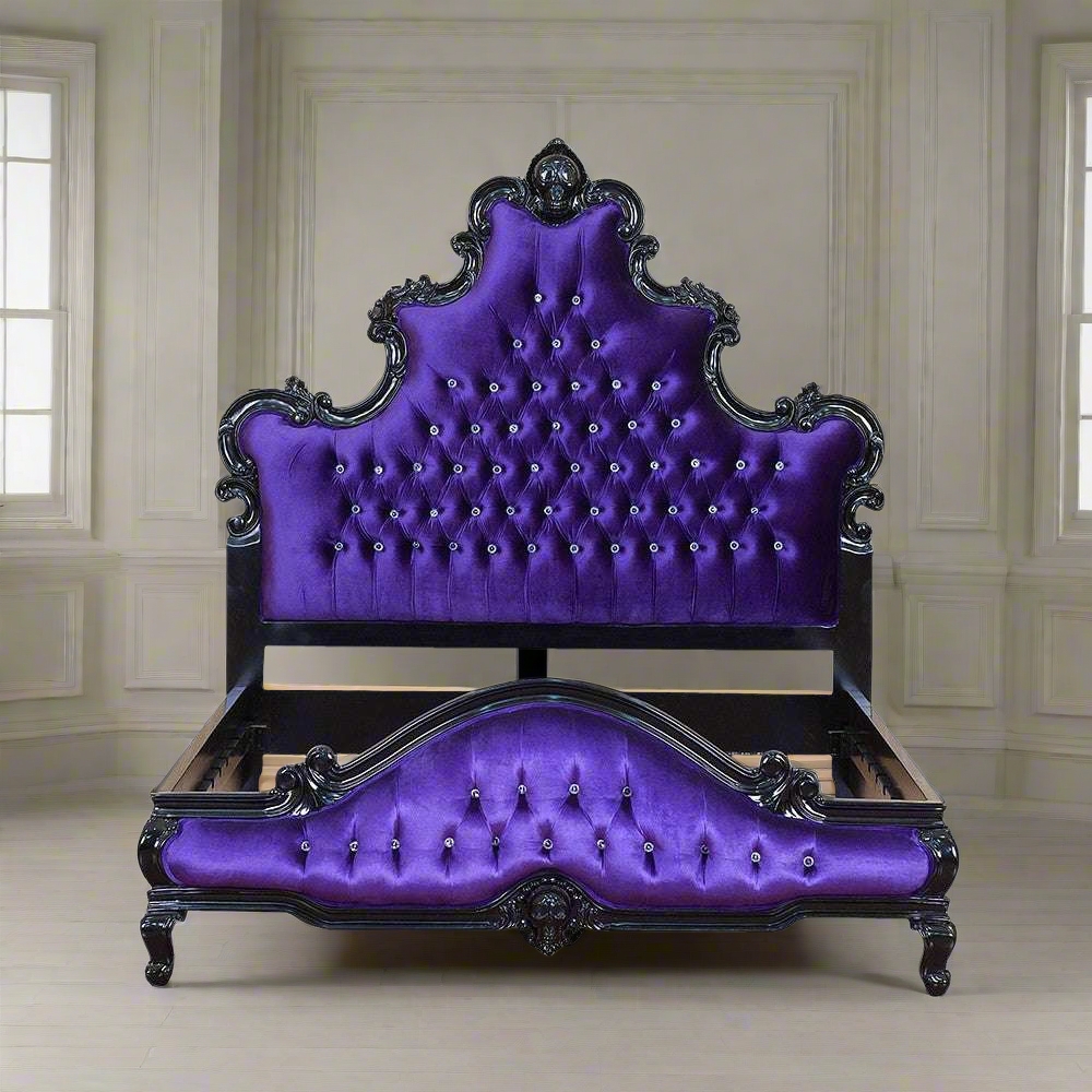 Bed Frame Skull Carvings Royal Purple Velvet Goth