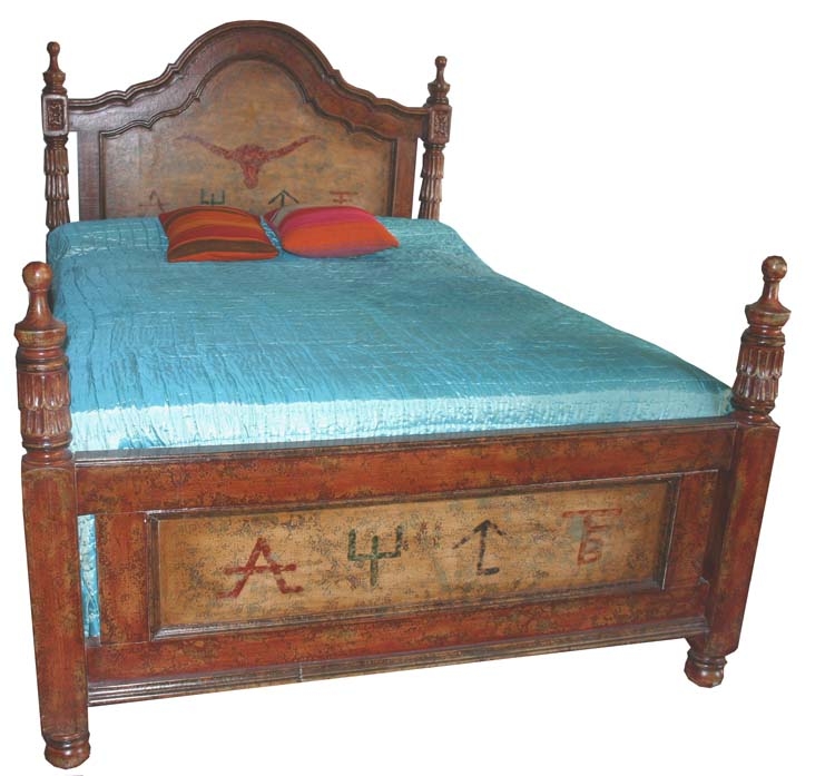 Bed Frame with Cattle Brand Motifs and Distressed Wood