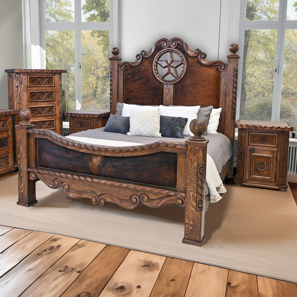 Bed Frame with Rope Edge Carving and Cowhide Headboard
