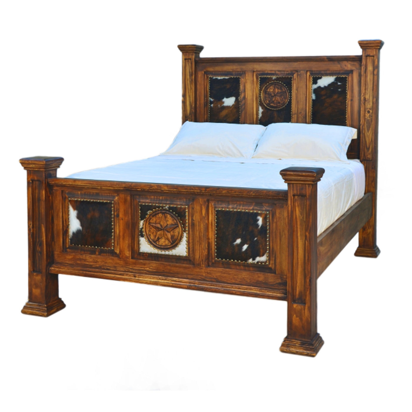 Bed Frame with Star Carvings and Cowhide Panel Insets