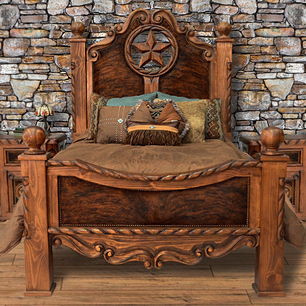 Bed Frame with Texas Star Carving and Carved Headboard