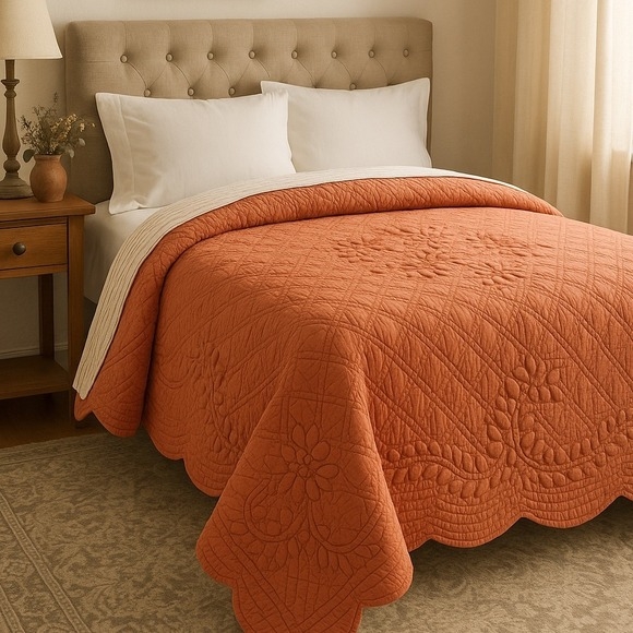 Bed Quilt with Scalloped Floral Edge and Tufted Upholstery