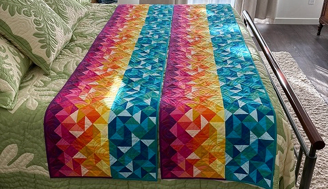 Bed Runner: Rainbow Gradient Half Square Triangle Design