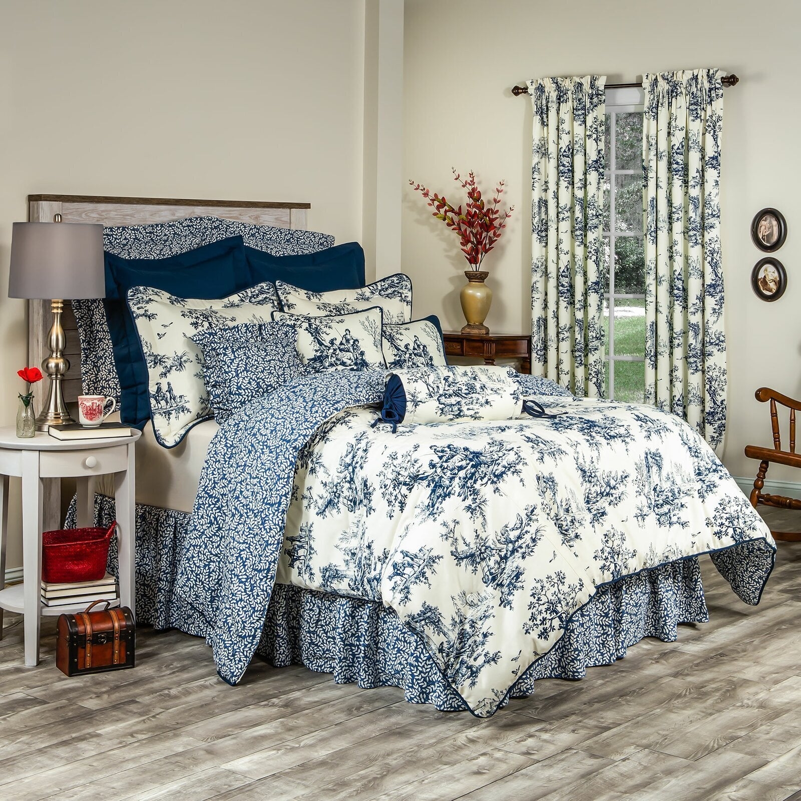 Bedding Set: Blue Toile Print Navy Farmhouse Quilt Decor