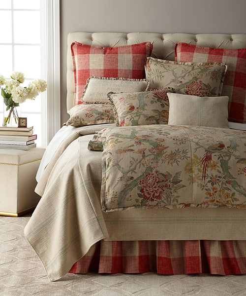 Bedding Set: Buffalo Check Pattern Red Floral Bird Print