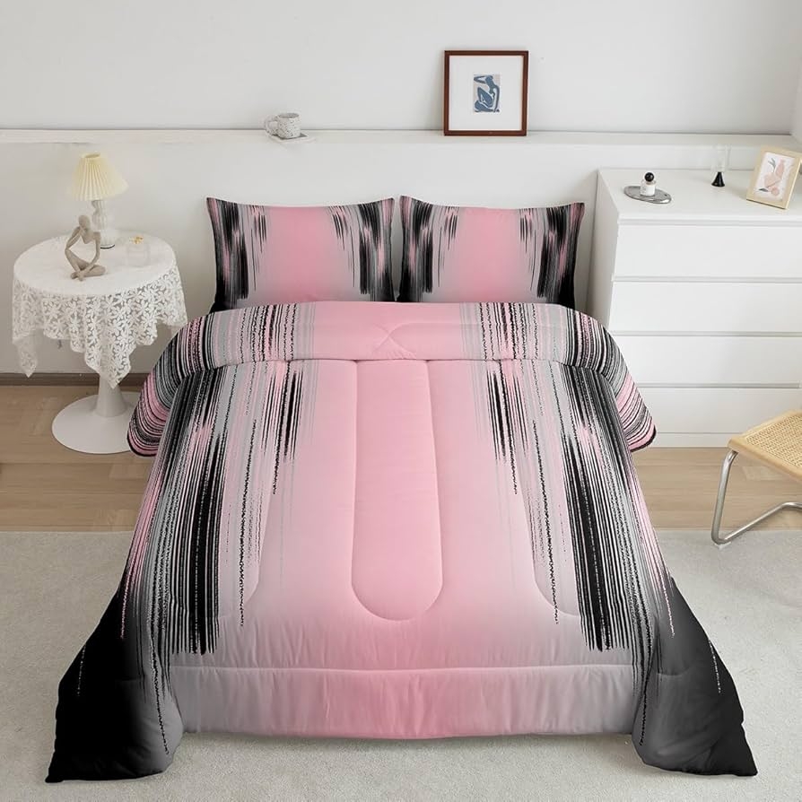 Bedding Set Pink Black Gradient Vertical Quilted Design