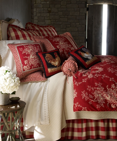 Bedding Set: Rooster Accent Pillows Red Toile Farmhouse