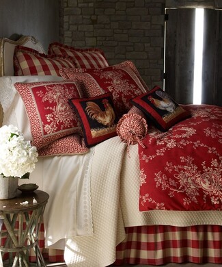 Bedding Set: Rooster Accent Pillows Red Toile Farmhouse