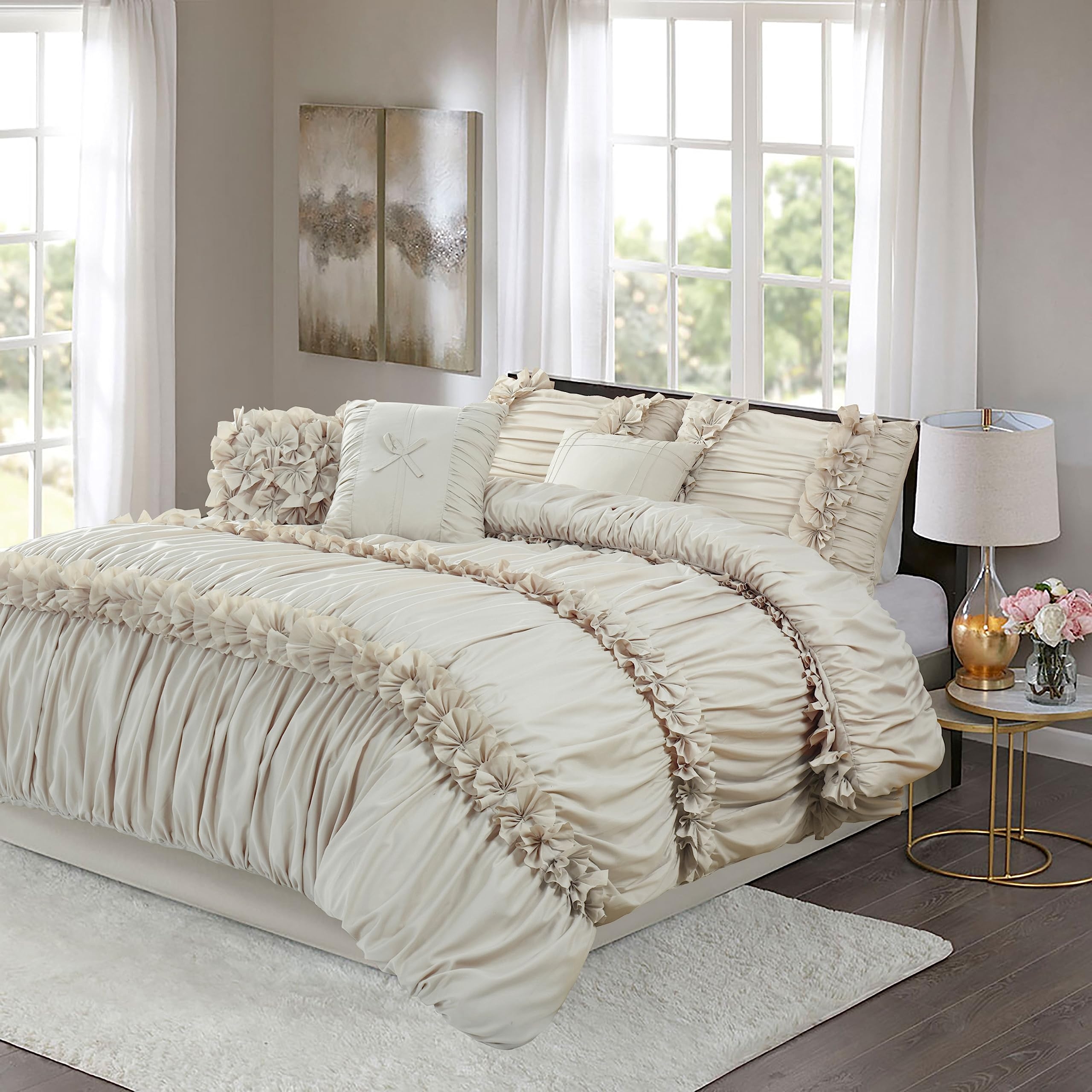Bedding Set: Ruched Texture Camel Comforter with Bow Tie Details