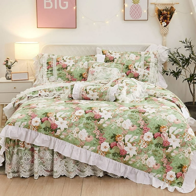 Bedding Set: Tiered Lace Skirt Botanical Sage Green Linens