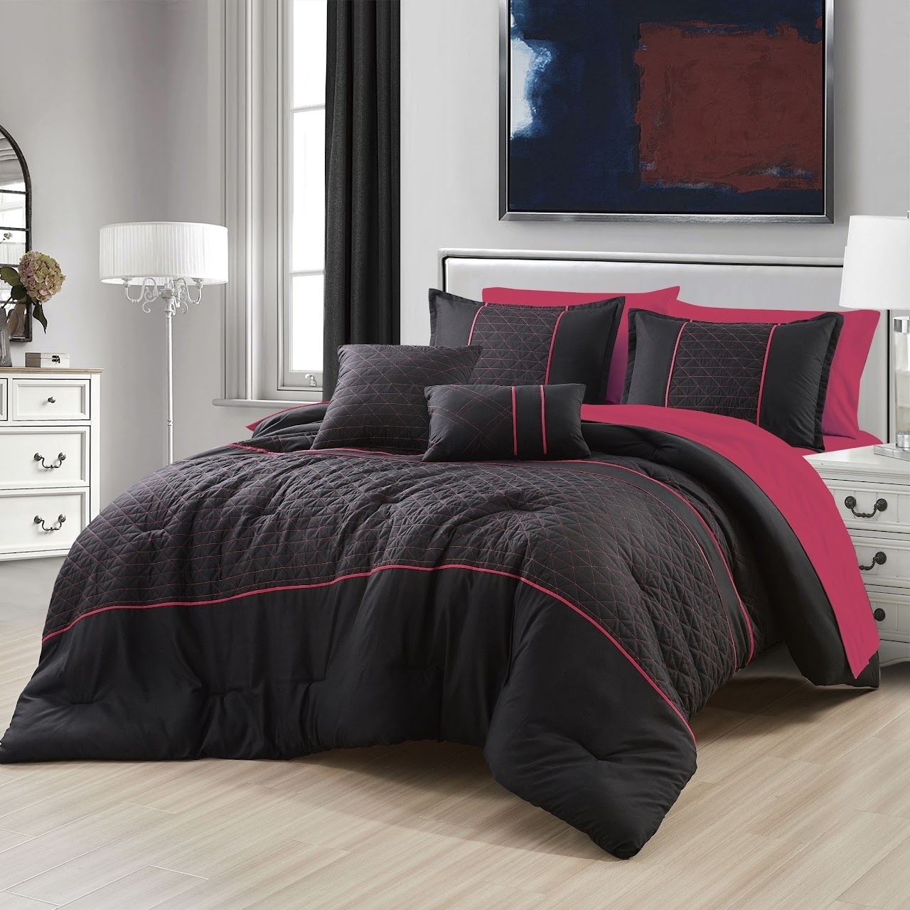 Bedding Set Triangular Quilted Texture Fuchsia Accents