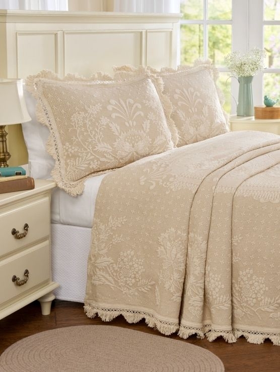 Bedding Set with Fringe Trim and Damask Floral Jacquard