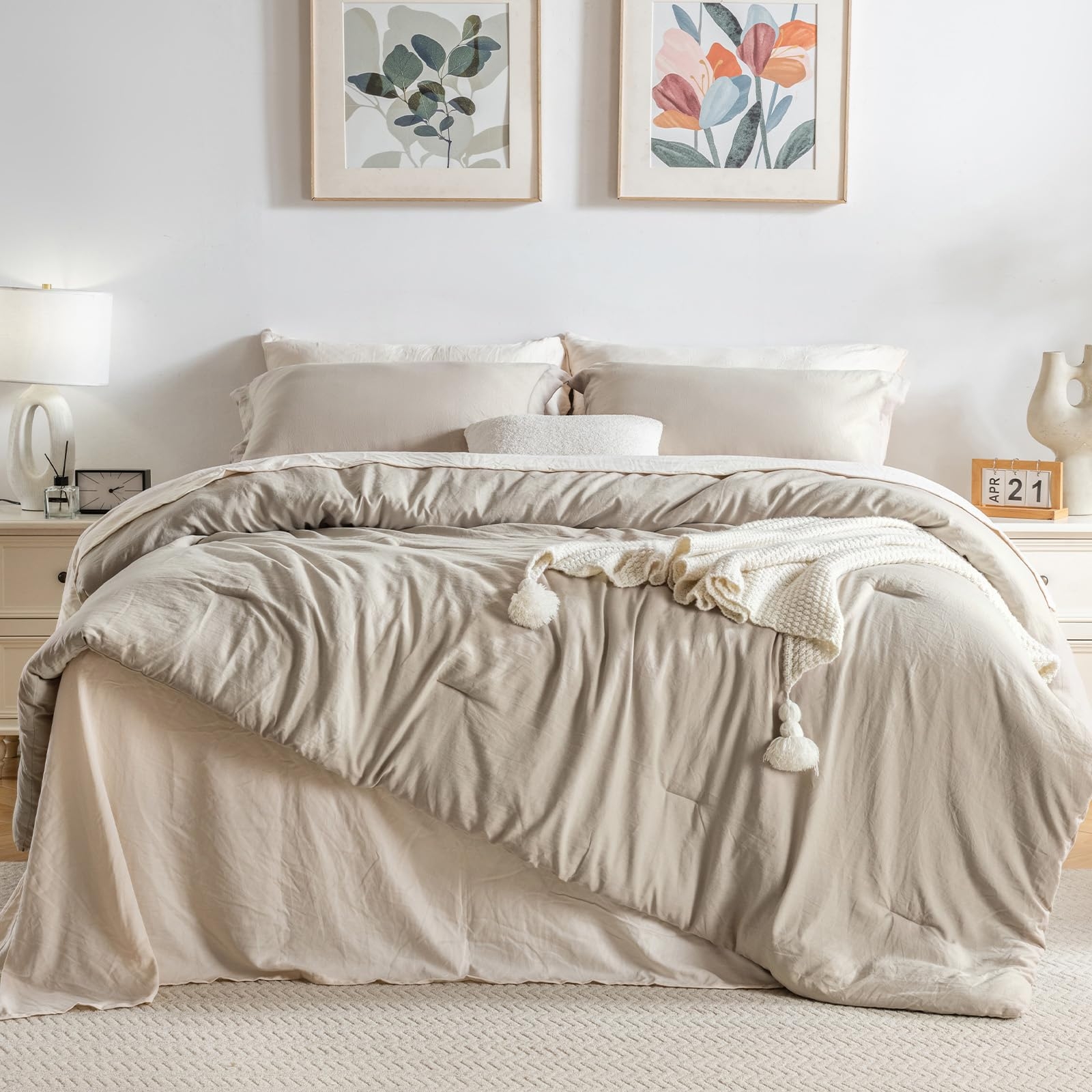 Bedding Set with Oatmeal Grey Tones and Tasseled Throw