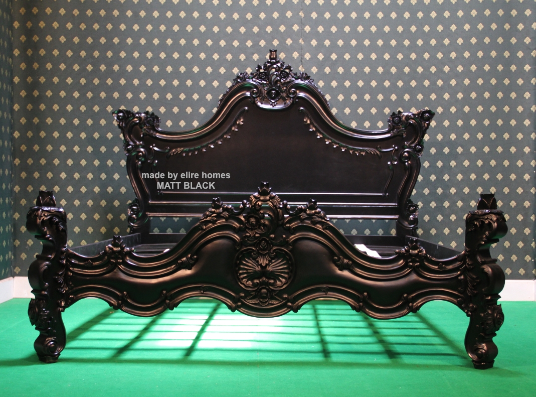Bedframe Matte Black Baroque Silhouette Carved Wood