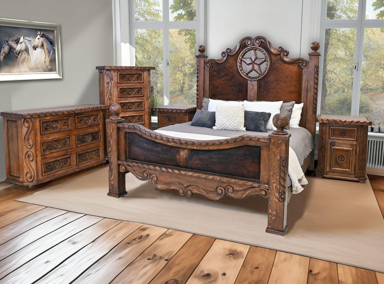 Bedroom Furniture Set: Carved Star Medallion and Cowhide