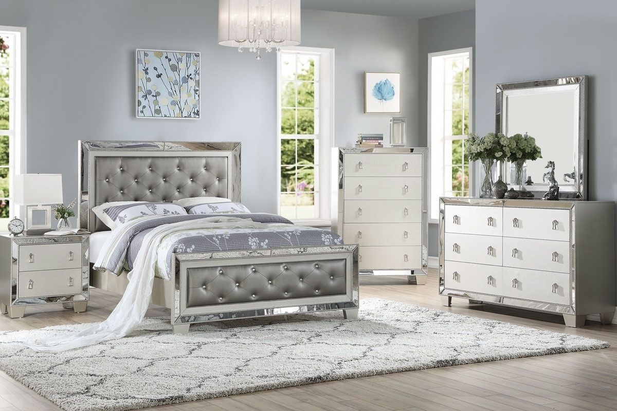 Bedroom Furniture Set with Mirrored Border and Pearl Finish