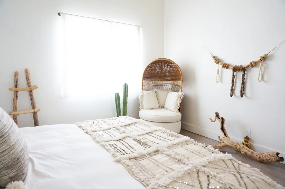 Bedroom Interior Rattan Cocoon Chair Boho Wall Decor Ideas