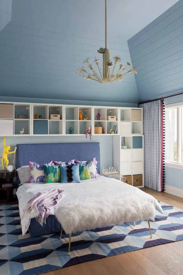 Bedroom Interior with Blue Shiplap Ceiling and Blue Teen Bedroom Ideas