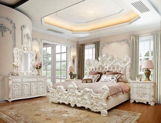 Bedroom Set: Acanthus Leaf Details Ornate Ivory Victorian Bed