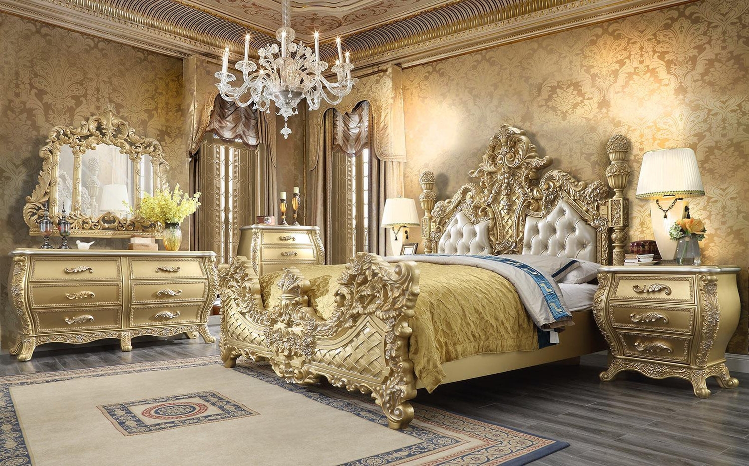Bedroom Set: Basketweave Details Rococo Gold Bedroom Set