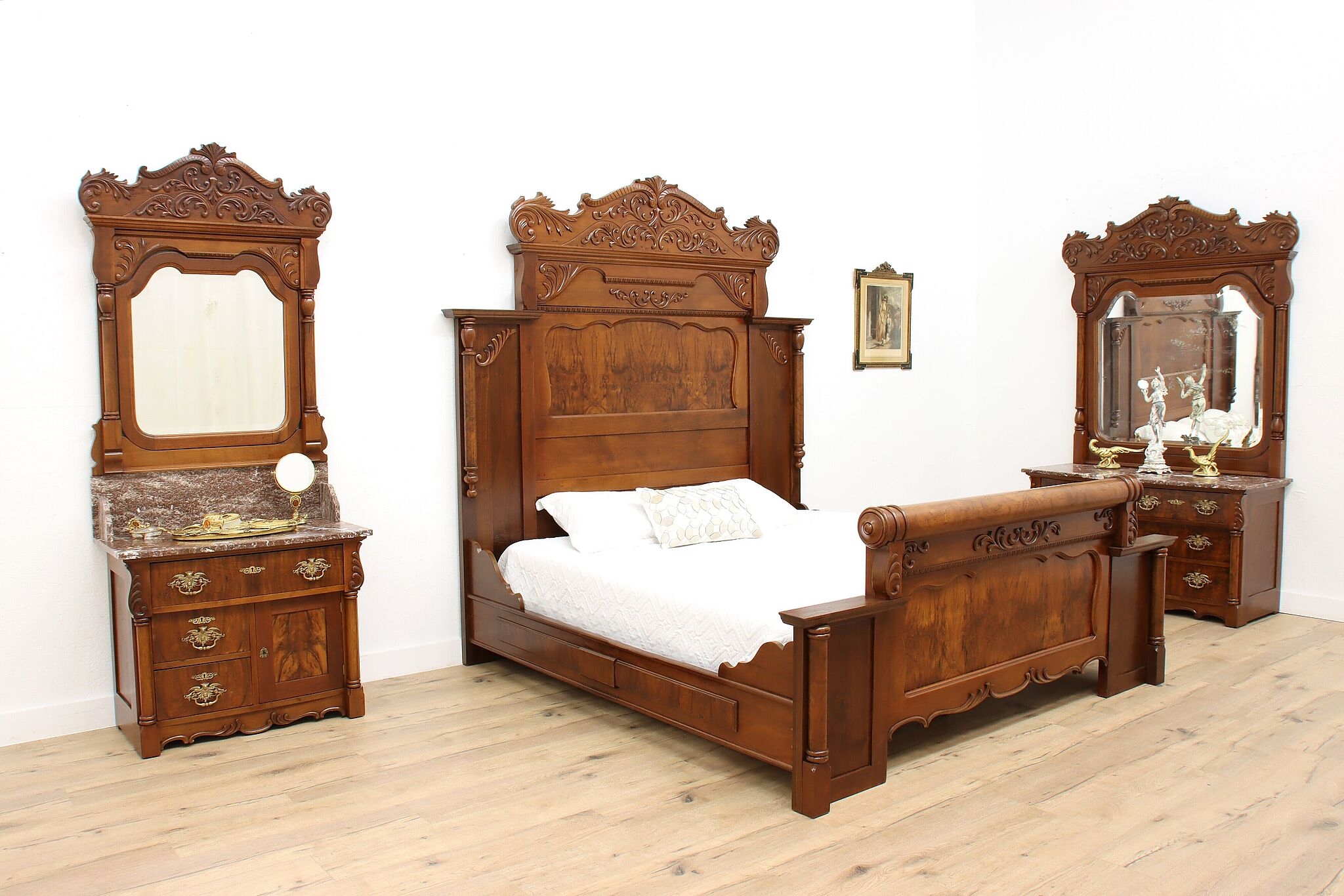 Bedroom Set: Carved Pediments Victorian Walnut Bedroom Set