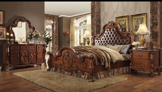 Bedroom Set: Claw Feet Cherry Brown Carved Wood Bed Frame