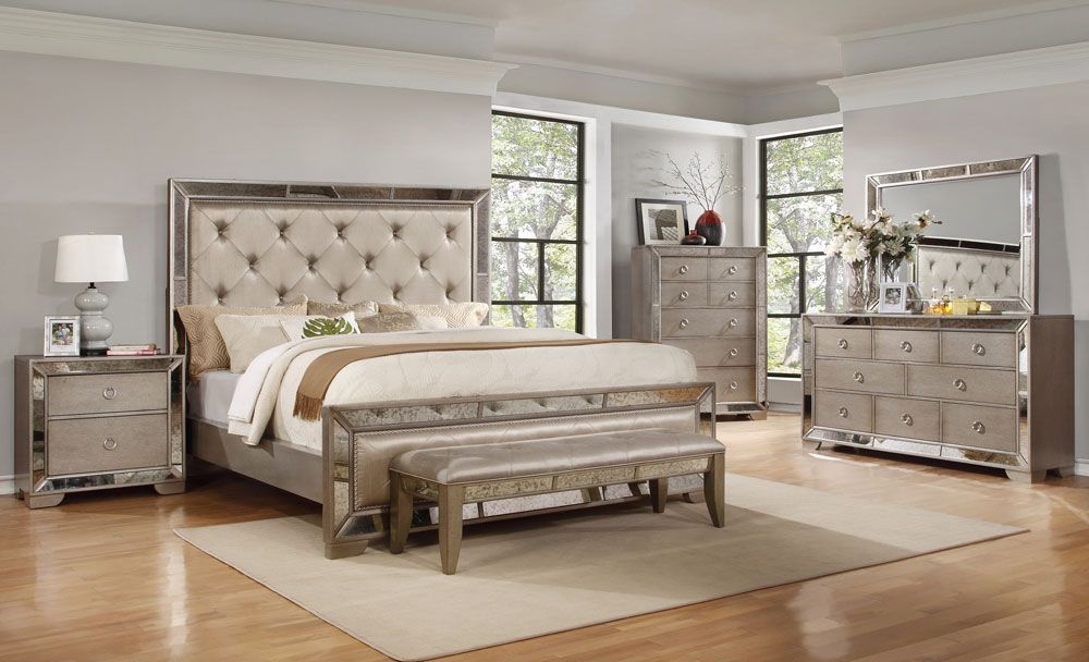 Bedroom Set displaying Mirrored Inset Borders and Silver