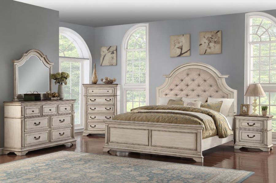 Bedroom Set: Distressed Off White with Arched Silhouette