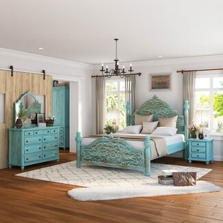 Bedroom Set: Distressed Turquoise 4 Piece Victorian Bedroom Set