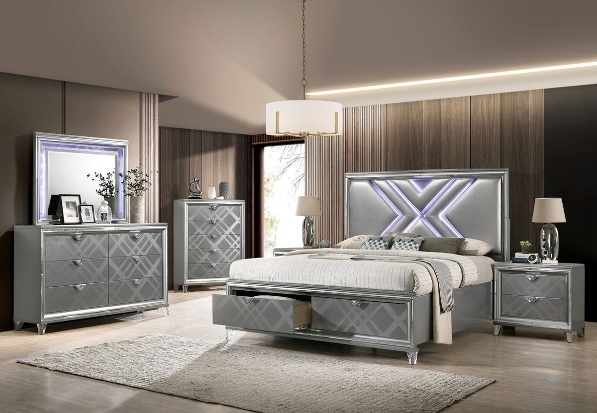 Bedroom Set featuring Geometric Diamond Facade and LED