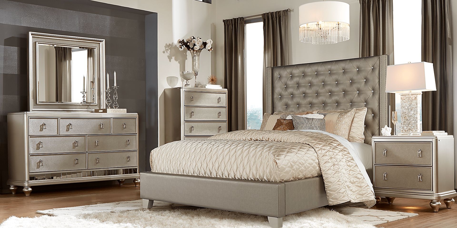 Bedroom Set featuring Metallic Finish and Shimmering Textured Panels