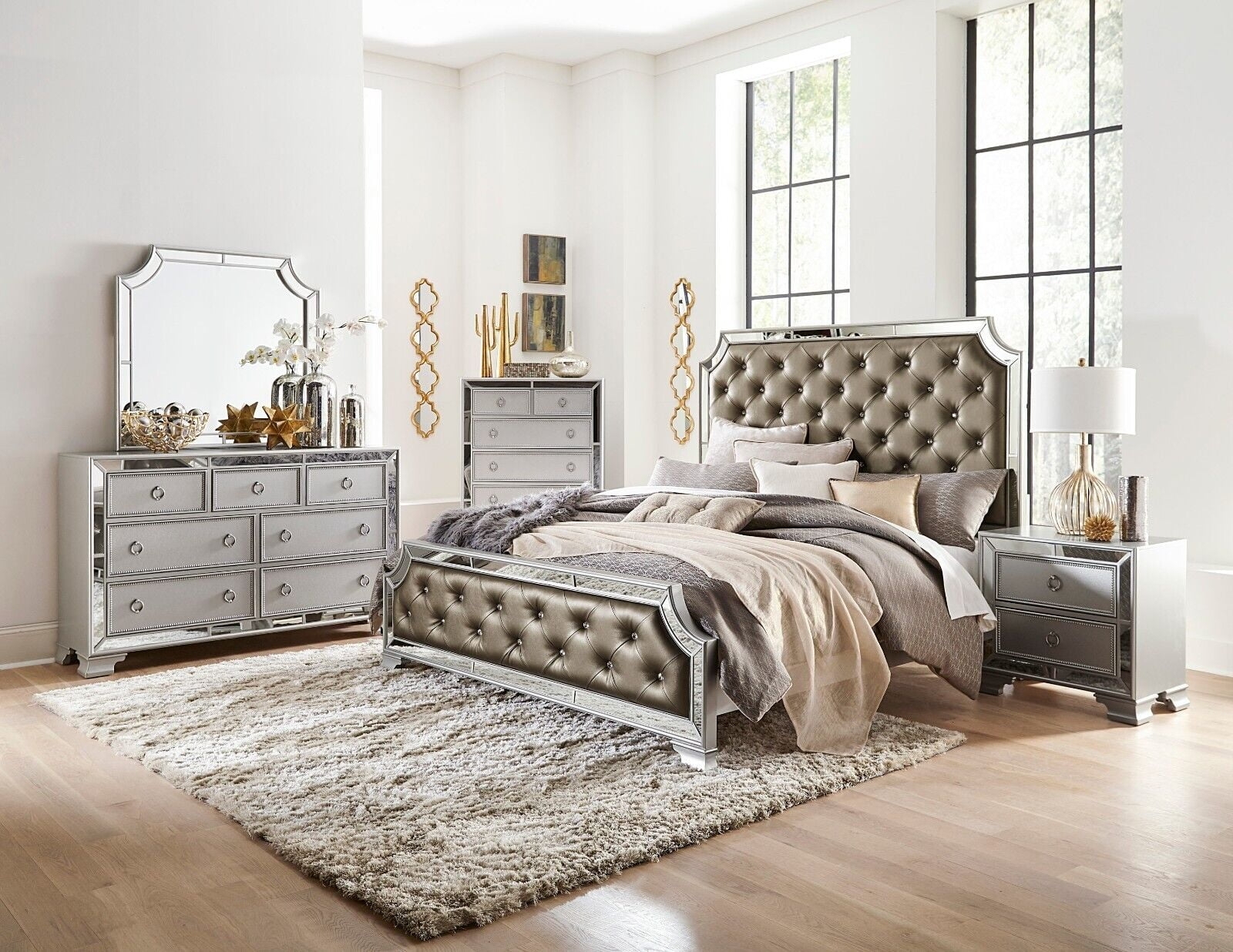 Bedroom Set featuring Mirrored Framing and Silver Bed