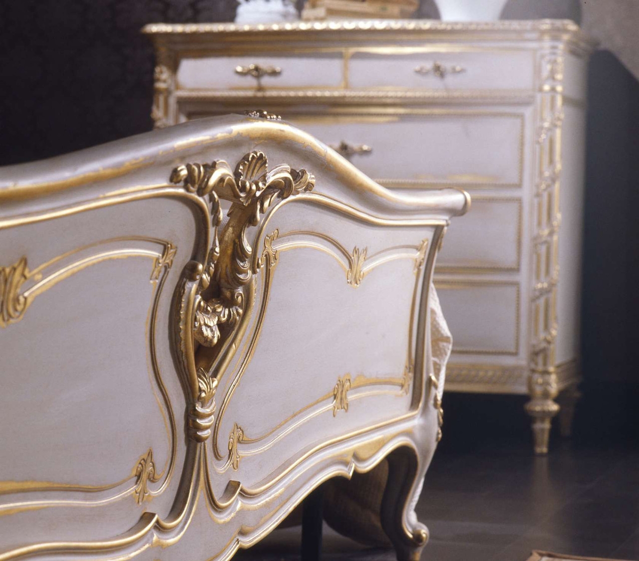 Bedroom Set: Gold Gilt Carvings on Antique White Bed Frame
